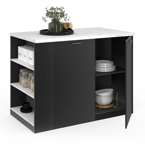 IDMarket - Zentrale Insel Tibo, 120 cm, Holz, schwarz, mit Arbeitsplatte in Marmor-Optik, ALASKA von IDMarket