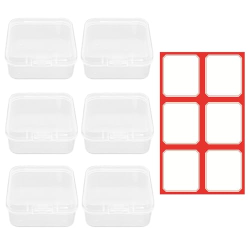 IDNVFY 6 Stück Quadratische Kunststoffbox Und 1 Etikett Aufkleber, Aufbewahrungstag, Kleine Aufbewahrungsbox Mit Deckel, Geeignet Für Die Aufbewahrung Von Medikamenten Und Perlen. von IDNVFY