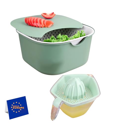 IDOBY 5-teiliges Mehrzweck-Küchenset – Rührschüssel, Sieb, Schneidebrett, Zitronenpresse, stapelbar und spülmaschinenfest, ideal zum Mixen und Servieren (Grün) von IDOBY