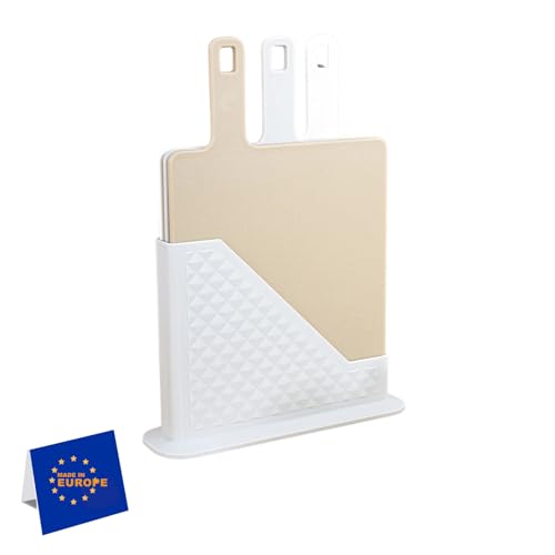 IDOBY Schneidebrett Kunststoff 3er Set mit Ständer, drei Küchenbretter spülmaschinenfest, Jausen-Bretter-Set Küche mit Kennzeichnung, hygienisches Küchenzubehör (Beige Vertikal) von IDOBY