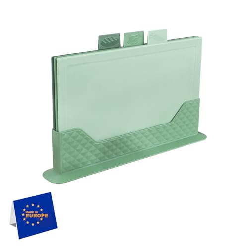 IDOBY Schneidebrett Kunststoff 3er Set mit Ständer, drei Küchenbretter spülmaschinenfest, Jausen-Bretter-Set Küche mit Kennzeichnung, hygienisches Küchenzubehör (Grün Horizontal) von IDOBY