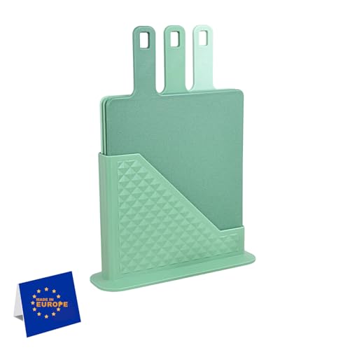 IDOBY Schneidebrett Kunststoff 3er Set mit Ständer, drei Küchenbretter spülmaschinenfest, Jausen-Bretter-Set Küche mit Kennzeichnung, hygienisches Küchenzubehör (Grün Vertikal) von IDOBY