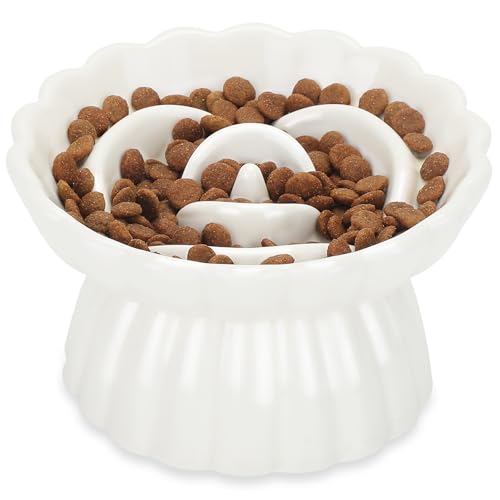 IDOGCHEW Keramik Anti Schling Napf Katze Erhöht, Slow Feeder Nassfutter, sehr gut rutschfest, einfach zu reinigen, Antischlingnapf für Katzen und kleine Hunde (Weiß) von IDOGCHEW