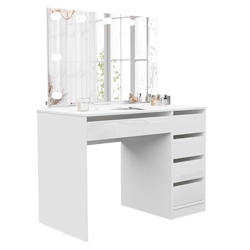 IDOHOME 5 Schubladen Schminktisch mit Beleuchtung - Weiß Glanz Schminktisch mit Spiegel - Dressing Table with Mirror - Frisiertisch - mit Schubladen - Kosmetiktisch - Dressing Table von IDOHOME
