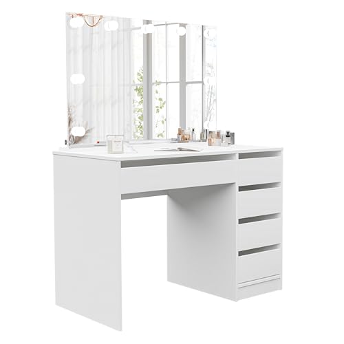 IDOHOME 5 Schubladen Schminktisch mit Beleuchtung - Weiß Matt Schminktisch mit Spiegel - Dressing Table with Mirror - Frisiertisch - mit Schubladen - Kosmetiktisch - Dressing Table von IDOHOME