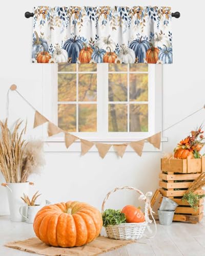 Fenstervolant mit Herbst-orange-blauen Kürbisblumen, Thanksgiving-Stangentasche, Küchenvorhang, Volant, Eukalyptusblätter, kurzer Volant, Fensterbehandlung, Topper-Vorhänge für Wohnzimmer von IDOWMAT