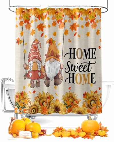 IDOWMAT Herbst-Duschvorhang, Bauernhaus-Zwergpaar, Sonnenblume auf Leinen, wasserdicht, Thanksgiving-Duschvorhang-Set mit Haken für Herbst-Badezimmer, Duschkabinen und Badewannen, 183 x 183 cm IDOWMAT Herbst-Duschvorhang, Bauernhaus-Zwergpaar, Sonnenblume auf Leinen, wasserdicht, Thanksgiving-Duschvorhang-Set mit Haken für Herbst-Badezimmer, Duschkabinen und Badewannen, 183 x 183 cm von IDOWMAT
