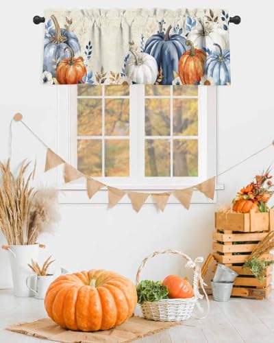 IDOWMAT Herbstfeld-Kürbis auf Retro-Buchstaben-Fenstervolants, Thanksgiving-Stangentasche, Küchenvorhang, Volant, blaue Blätter, kurzer Volant, Fensterbehandlung, Vorhänge für Wohnzimmer, Schlafzimmer von IDOWMAT