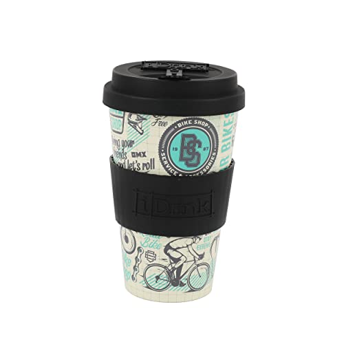 IDRINK®- RPET-Kaffeebecher mit Silikonverschluss zum Öffnen, leicht zu tragen 435 ml Becher zum Mitnehmen aus recyceltem Kunststoff 8,7 x 8,7 x 15 cm 435 ml (BIKE) von IDRINK