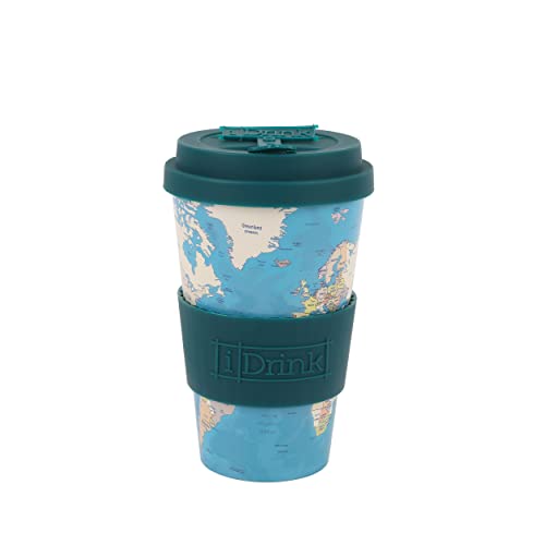 IDRINK®- RPET-Kaffeebecher mit Silikonverschluss zum Öffnen, leicht zu tragen 435 ml Becher zum Mitnehmen aus recyceltem Kunststoff 8,7 x 8,7 x 15 cm 435 ml (BLUE MAP) von IDRINK