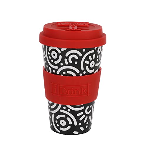 IDRINK®- RPET-Kaffeebecher mit Silikonverschluss zum Öffnen, leicht zu tragen 435 ml Becher zum Mitnehmen aus recyceltem Kunststoff 8,7 x 8,7 x 15 cm 435 ml (GEOMETRIC) von IDRINK