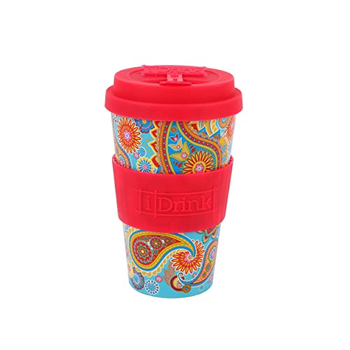 IDRINK®- RPET-Kaffeebecher mit Silikonverschluss zum Öffnen, leicht zu tragen 435 ml Becher zum Mitnehmen aus recyceltem Kunststoff 8,7 x 8,7 x 15 cm 435 ml (Paisley) von IDRINK