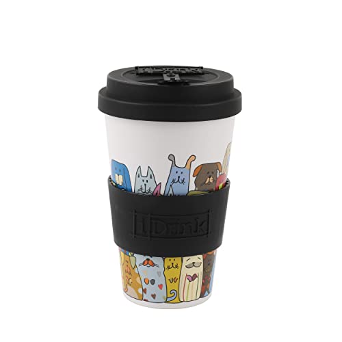 IDRINK®- RPET-Kaffeebecher mit Silikonverschluss zum Öffnen, leicht zu tragen 435 ml Becher zum Mitnehmen aus recyceltem Kunststoff 8,7 x 8,7 x 15 cm 435 ml (STAY PAWSITIVE) von IDRINK