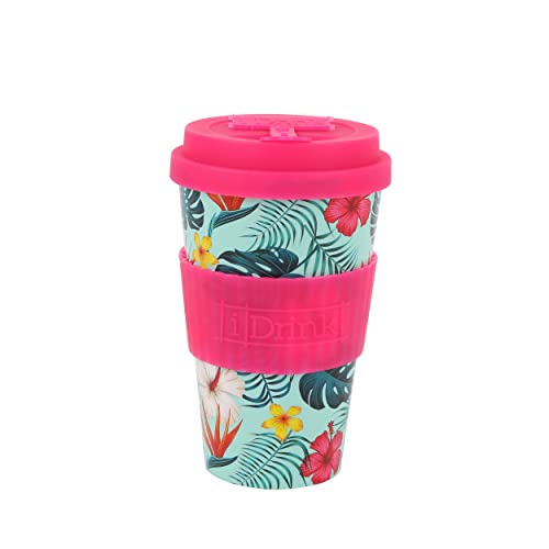 IDRINK®- RPET-Kaffeebecher mit Silikonverschluss zum Öffnen, leicht zu tragen 435 ml Becher zum Mitnehmen aus recyceltem Kunststoff 8,7 x 8,7 x 15 cm 435 ml (TROPICAL) von IDRINK