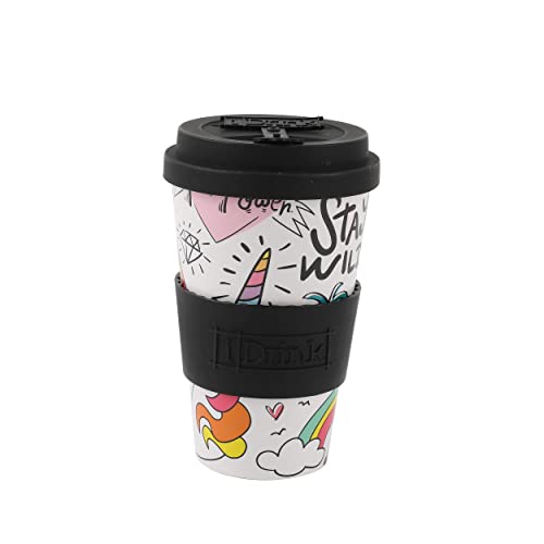 IDRINK®- RPET-Kaffeebecher mit Silikonverschluss zum Öffnen, leicht zu tragen 435 ml Becher zum Mitnehmen aus recyceltem Kunststoff 8,7 x 8,7 x 15 cm 435 ml (UNICORN) von IDRINK