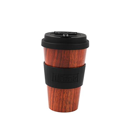IDRINK®- RPET-Kaffeebecher mit Silikonverschluss zum Öffnen, leicht zu tragen 435 ml Becher zum Mitnehmen aus recyceltem Kunststoff 8,7 x 8,7 x 15 cm 435 ml (WOOD) von IDRINK