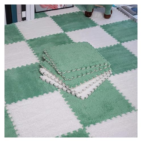 IDRRSPCP Schaumstoff-Bodenmatte, 16-teilige Puzzle-Spielmatten, ineinandergreifende Teppichfliesen mit Rand, Puzzle-Plüschschaum-Bodenmatte, for Wohnzimmer, 1 x 1 Fuß(Green+White,0.39 inch) von IDRRSPCP