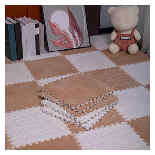 IDRRSPCP Schaumstoff-Bodenmatte, 16-teilige Puzzle-Spielmatten, ineinandergreifende Teppichfliesen mit Rand, Puzzle-Plüschschaum-Bodenmatte, for Wohnzimmer, 1 x 1 Fuß(Khaki+White,0.39 inch) von IDRRSPCP