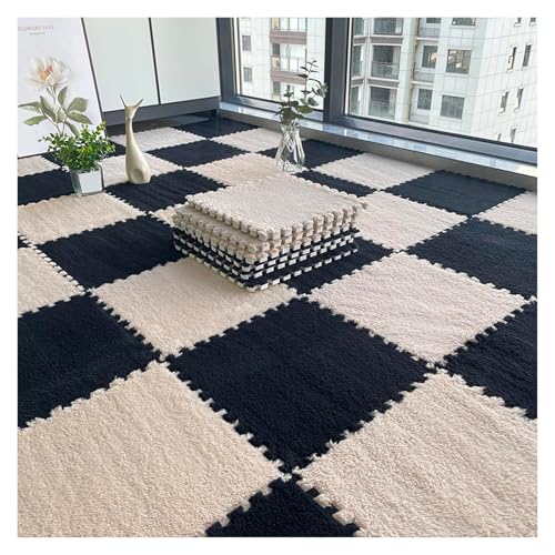 Schaumstoff-Bodenmatte, extra große 12-teilige ineinandergreifende Plüsch-Puzzle-Schaumstoff-Bodenmatte, weiche Teppichfliesen, Puzzle-Teppich, Spielmatte mit Rand(Black+apricot,11.8x11.8 Inch) von IDRRSPCP