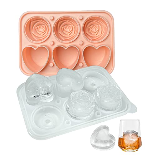 Rosen-Eiswürfelform, Herzformen, Eiswürfelform, Silikon-Eisform, lustige Formen mit transparentem Trichterdeckel, 3 Herzen und 3 Rosen-Eiskugeln zum Kühlen von Whiskey-Cocktails, Getränken, Rosa von IDVVSSX