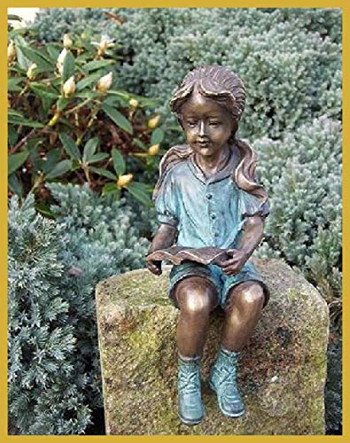 IDYL Bronze-Skulptur Lesendes Mädchen | 20x7x8 cm | Kinderfigur aus Bronze handgefertigt | Gartenskulptur oder Wohnbereich-Dekoration | Hochwertiges Kunsthandwerk | Wetterfest von IDYL