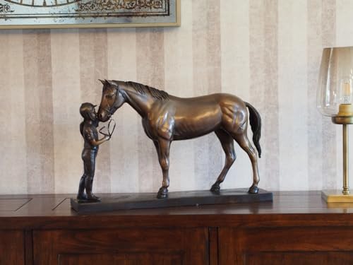 IDYL Bronze-Skulptur Mädchen mit Pferd | 37x15x58 cm | Tierfigur aus Bronze handgefertigt | Gartenskulptur oder Wohnbereich-Dekoration | Wetterfest von IDYL