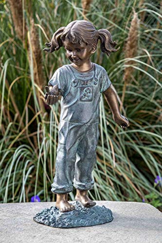 IDYL Bronze-Skulptur Mädchen mit Vogel in der Hand | 50x27x20 cm | Kinderfigur aus Bronze handgefertigt | Garten - Teich-Dekoration | Hochwertiges Kunsthandwerk | Wetterfest von IDYL