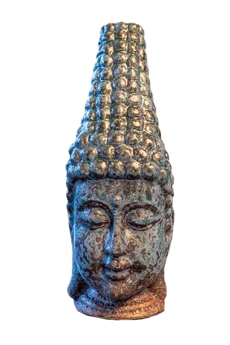 IDYL Buddha-Statue aus Keramik |Buddha-Kopf türkis-braun| Masse: 12 x 12 x 34 cm | Asiatische Dekoration für den Wohnbereich und Terrasse von IDYL