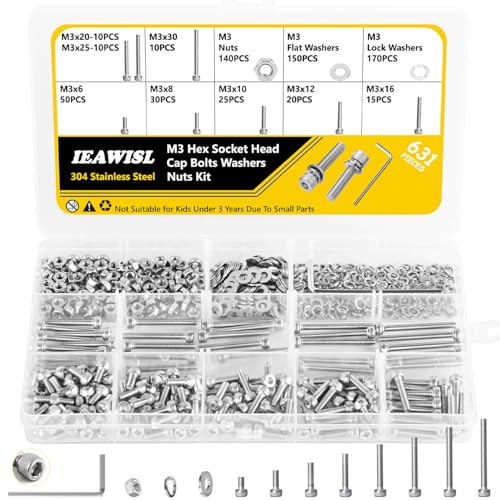 631 Stück M3 Schrauben Muttern Sortiment Set, Edelstahl Zylinderschrauben Innensechskant Schrauben mit Muttern und Unterlegscheiben Set - M3 x 6mm /8mm /10mm /12mm /16mm /20mm /25mm /30mm von IEAWISL