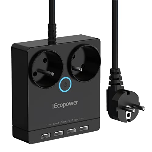 iEcopower Steckdosenleiste Überspannungsschutz, 2-Fach Steckdosenleiste 2300W/ 10A Mehrfachsteckdose Mit 4 USB 3,4A Smart Steckdosenleiste Mehrfachstecker Stromverteiler 1,5m Kabel Schwarz iEcopower Steckdosenleiste Überspannungsschutz, 2-Fach Steckdosenleiste 2300W/ 10A Mehrfachsteckdose Mit 4 USB 3,4A Smart Steckdosenleiste Mehrfachstecker Stromverteiler 1,5m Kabel Schwarz von IECOPOWER