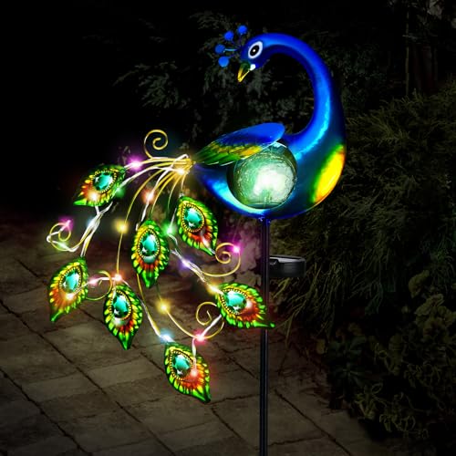 IEEILULU Solarlampen für Außen Garten, Pfau Garden Solar Pfahl Lichter Pfau Garten Statue Metall Pfau Gartendeko, Ständer Solarleuchten Lichterkette IP65 Wasserdicht für Rasen Terrasse Yard Balkon von IEEILULU