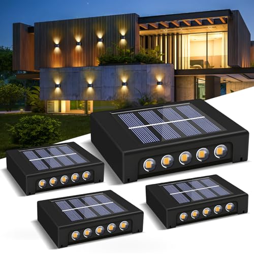 IEEILULU Solarleuchte Wandleuchte, 4 Stück Solar Wandleuchte Aussen Up and Down Leuchten, IP65 Wasserdicht Solarleuchte für Außen Garten, Solar Wandleuchte Dekorative für Zaun (10 heads)-Warme Licht von IEEILULU