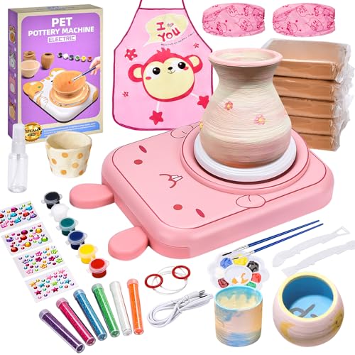 IEEILULU Töpferset für Kinder, Töpferscheibe Elektrisch für Kinder, Mini Töpferscheibe mit Töpferton, Farben, Diamant Aufkleber, Pottery Set DIY Töpfern Bastelset Geschenke Mädchen (Katzen) von IEEILULU