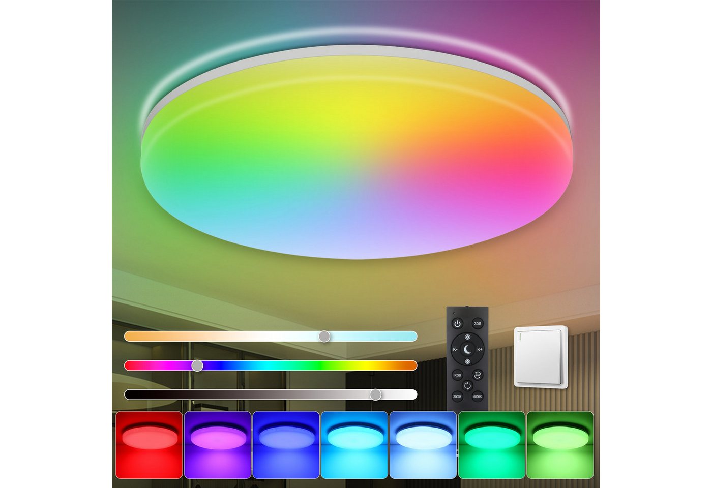 IEGLED Deckenleuchte RGB, dimmbar, mit Fernbedienung, Farbwechsel 18W IP54 3000K-6500K, augenschoned, RGB, 1800LM Badezimmerlampe, Rund 22CM, E-bewerteter Energieverbrauch von IEGLED