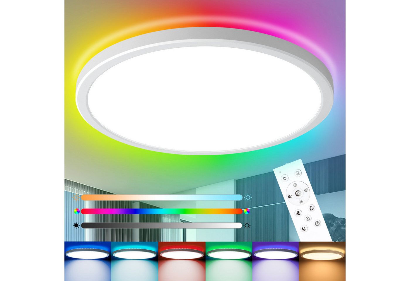 IEGLED LED Deckenleuchte Dimmbare Deckenlampe, 24W, 2400LM, IP44, 3000K-6500K, Farbwechsel, RGB, Wasserdicht, mit Fernbedienung, Energieeffizient, Farbwechsel von IEGLED