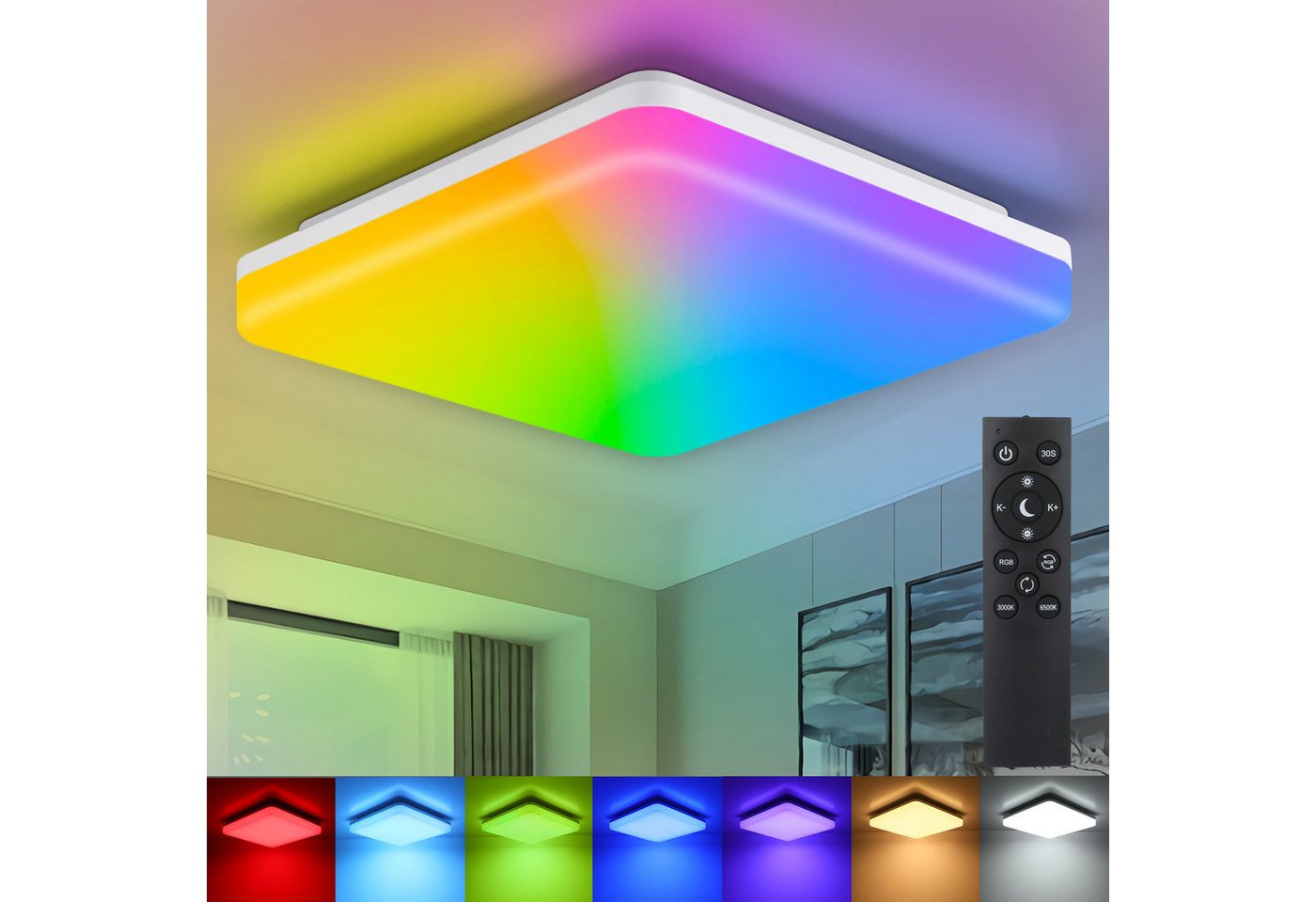 IEGLED LED Deckenleuchte Dimmbare Deckenlampe, 24W, 2400LM, IP54, ‎Farbwechsel, 7 RGB-Farben, mit Fernbedienung, Wasserdicht, Energieeffizient von IEGLED