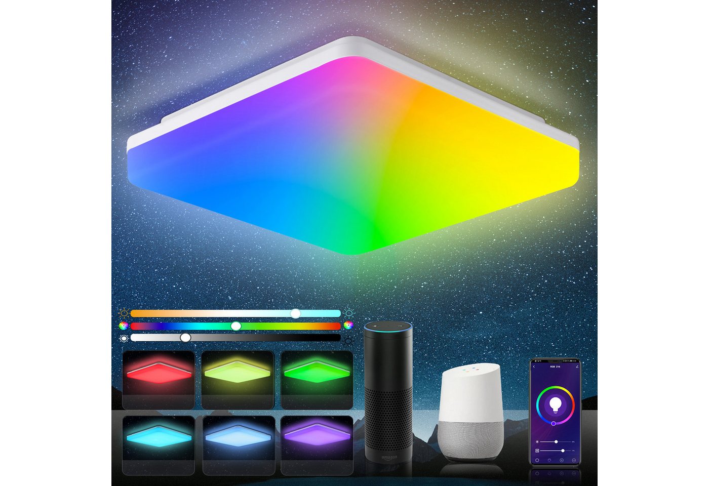 IEGLED LED Deckenleuchte Dimmbare WIFI-Deckenlampe, 24W, 2400LM, IP54, 2700K-6500K, Smart, Timer- und Speicherfunktion, kompatibel mit Alexa App und Google Home, RGB-Farben, Energieeffizient, Wasserdicht, Farbwechsel, WIFI, Smart Home von IEGLED