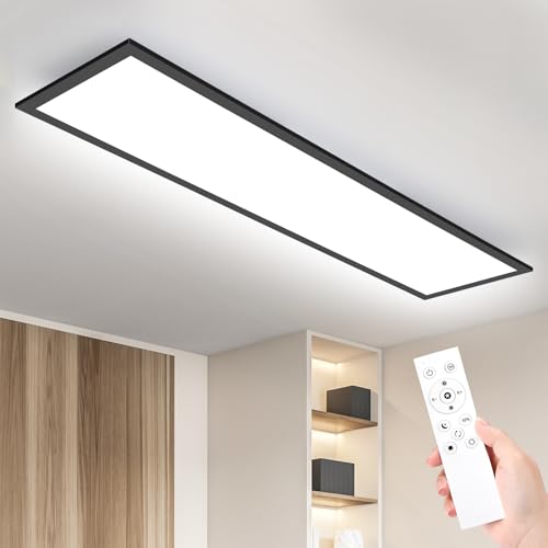 IEGLED Led Deckenleuchte Panel, 100x25cm Deckenlampe Flach Dimmbar mit Fernbedienung, 30W Deckenpanel mit Memory Funktion, 2700K-6500K LED Lampe für Wohnzimmer, Flur, Schlafzimmer, Schwarz von IEGLED