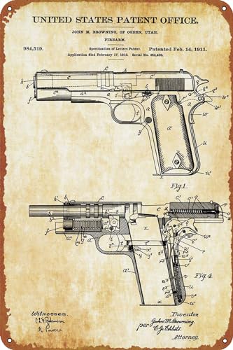 Colt 1911 Feuerwaffe Patent Retro Poster Blechschild Vintage Wandschild Dekor 20,3 x 30,5 cm von IEITB