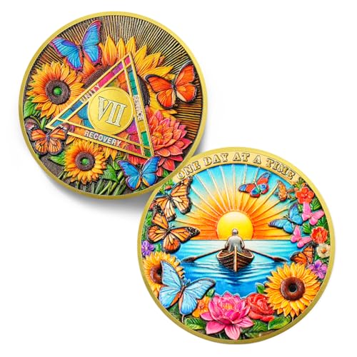Rowing Toward Recovery 7 Year Nüchternheitsmünze – One Day at A Time 7 Jahre AA Münzen – bunte Dreieck-Sonnenblume NA AA Chips und Medaillons – 1-10 Prime Narcotics Alcoholics Anonyme Geschenke für von IELCJJ