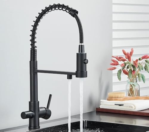 Küchenarmatur mit herunterziehbarem Filter, 3-Wege-Trinkwasserhahn mit reinem Wasser, flexibler 360-Grad-Wasserhahn aus Messing (Mattschwarz) von IEOWY
