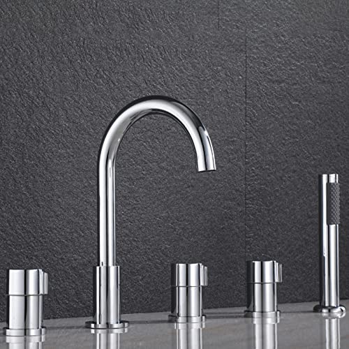 Moderner Wannenmischer mit Brause Wasserfall Bad Wannenarmatur Badewannenarmatur 5-Loch Set Wannenarmatur mit Ausziehbarer Handbrause Badarmatur Chrom + Schwarz von IEOWY