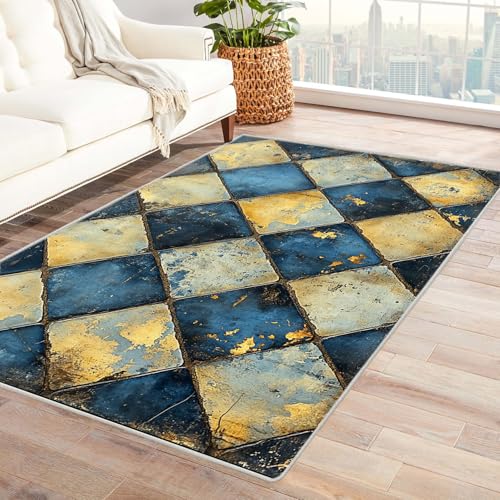 IEPOZWA Abstrakter Teppich mit Geometrischem 3D Design Bodenfliesenmuster Für Flur, Küche, Büro, Anti-Rutsch Unterseite, Dicke, Leicht Zu Pflegen, Langlebig(Blau)-120x180cm von IEPOZWA