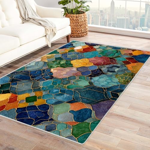 IEPOZWA Abstrakter Teppich mit Puzzle Design Golddrahtmuster Für Eingangsbereich, Wohnraum, Büro, rutschfest, Dicke, Leicht Zu Reinigen(Farbe)-90x120cm von IEPOZWA