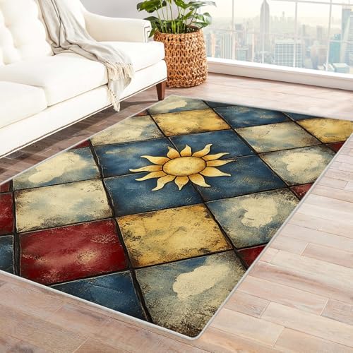 IEPOZWA Abstrakter Teppich mit Puzzle Design Sonne FußMatte Personalisiert Dekoration Spiel Schlafzimmer äSthetischer Weicher Dekoteppich Waschbar(Blau)-120x150cm von IEPOZWA