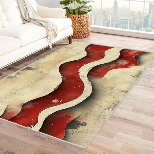 IEPOZWA Abstrakter Wellenmuster Teppich in Bunt Imitation Wandmuster rutschfest Bodenmatte, Waschbar, FüR Schlafzimmer Wohnzimmer BüRo Garten Balkon Küche Modern(Rot)-60x90cm von IEPOZWA