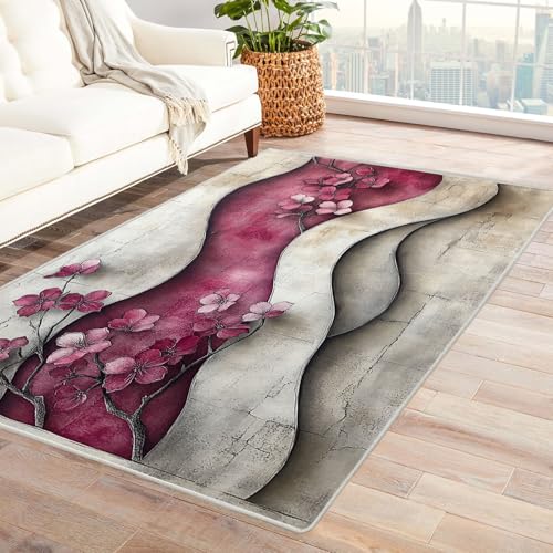 IEPOZWA Abstraktes Design Teppich mit Wellenmuster Blumenbäume FußMatte Personalisiert Dekoration Spiel Schlafzimmer äSthetischer Weicher Dekoteppich Waschbar(Weiß)-150x210cm von IEPOZWA