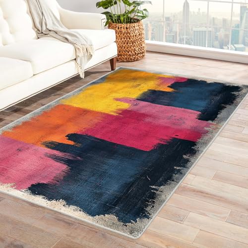 IEPOZWA Abstraktes Wellenmuster Teppich in Mehrfarbig Farbblöcke Teenager Junge Graffiti Teppiche rutschfeste Bodenmatte FußMatten Wohnzimmer Dekor Waschbar(Farbe)-60x90cm von IEPOZWA