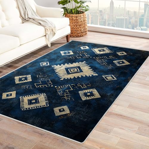 IEPOZWA Bohemian Ikat Vintage Teppich Blauer Stern Wasserfest schnell trocknend Outdoor geeignet für Garten Partyzelt Camping Boot(Blue)-150x210cm von IEPOZWA