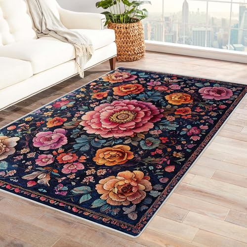 IEPOZWA Boho Chic Ikat Teppich Modern Vintage Look Mehrfarbige Blume Dicke weiche Unterlage für Musikzimmer Spielzimmer Teenager Zimmer(Multi)-150x180cm von IEPOZWA